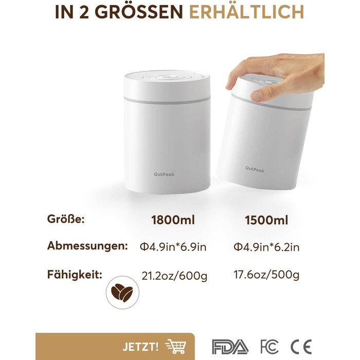 OUTPEAK Neo 2025 Kilo Auto-Vakuum-Kaffeedose: Вакуумний контейнер для кави OUTPEAK Neo 2025 Kilo, 1,5 л (500 г кавових зерен), з автоматичним вакуумуванням, нержавіюча сталь, для бариста, подарунок (великий, матовий чорний)