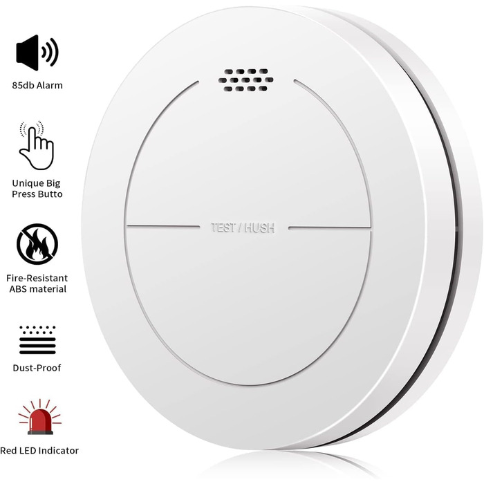 Набір датчиків диму Rauchmelder 6 шт. без LED, з батареєю на 10 років, клейкими панелями, функцією вимкнення звуку, 85 дБ, автономний, для дому