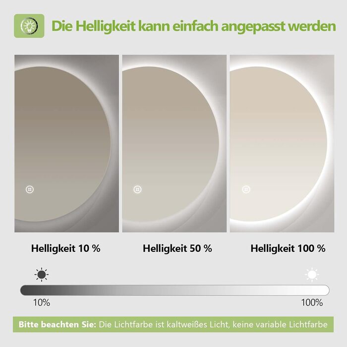 Круглий LED-дзеркало для ванної кімнати S'AFIELINA 60см з підсвічуванням та сенсорним вимикачем, регулювання кольору світла (тепле, нейтральне, холодне), диммування