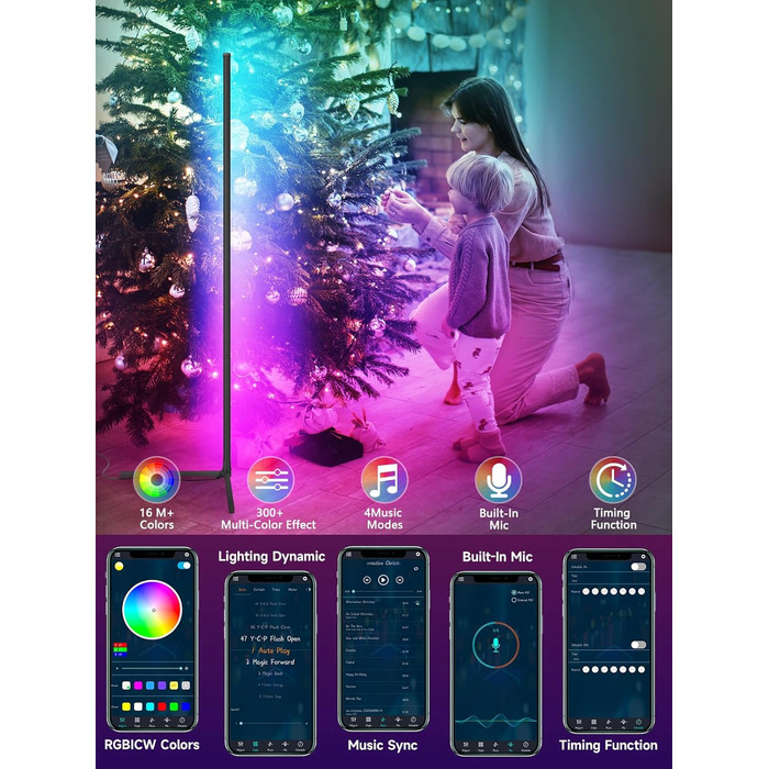 Світлодіодний кутовий світильник GIPOYENT RGB з синхронізацією музики та керуванням через додаток, 16 млн кольорів для спальні, вітальні, геймерської кімнати