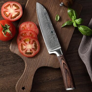 Нож Santoku Wakoli з дамаської сталі (серцевина VG10), 17 см – гострий кухонний ніж для всіх видів нарізок, з ручкою з паккавуду в подарунковій коробці (з гравіюванням)