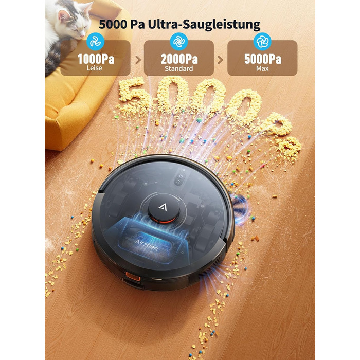Робот-пилосос Airzeen Q10 Pro S з вологою, LiDAR-навігація, 5000Pa, для тварин, чорний