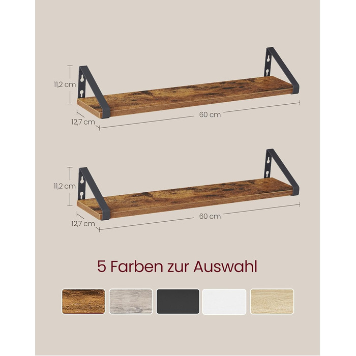 Настінна полиця VASAGLE, 6 штук в наборі, полиці-дошки, 2 способи монтажу, 30/35/40 см, для вітальні, кухні, кабінету, ванної кімнати, вінтажний коричневий + матовий чорний, LWS033K02