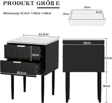 Набір тумбочок UEV з 2 шт. , мармур, з шухлядами та металевими ніжками, 42x40x70см, чорний