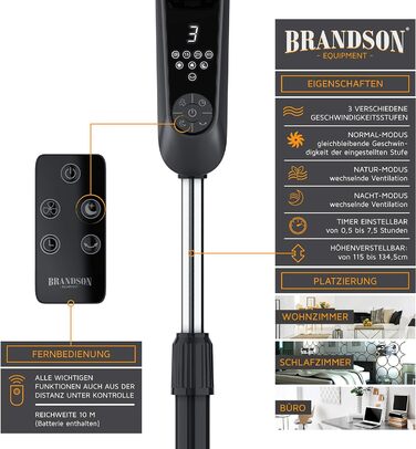 Вентилятор Brandson підлоговий, 60 Вт, з пультом, дисплеєм, осциляцією 80°, регульована висота, 3 швидкості, нахил голови 35°, чорний