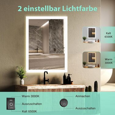 Дзеркало для ванної кімнати GIMBELEN з підсвічуванням LED, антизапар, 2 кольори світла (3000K/6500K), функція пам'яті, прямокутна форма, 50 x 70 см