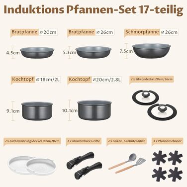 Набір каструль BEZIA 17 предметів з знімним ручками, антипригарне покриття кераміки, набір для індукційних плит, підходить для всіх типів плит, складається, набір каструль Induktion, посуд для кемпінгу, придатний для духовки (темно-сірий)