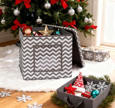 Коробка для зберігання прикрас на Новий рік, 166 відділень, з регульованими перегородками, кришкою та ручками, 31x31x30 см, червона, зі сніжинками, у білому кольорі (сіро-біла)