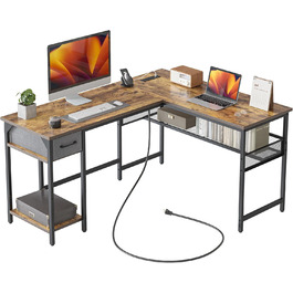 Комп'ютерний стіл CubiCubi L-подібний з розеткою, 148 x 120 см, коричневий, вінтажний, для офісу та дому