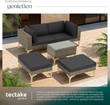 Тектейк® Набір садово-розкладних меблів з ротангу Outdoor Lounge на 5 місць, з кутовим кріслом, пуфом, столиком, комплект для відпочинку, з подушками для сидіння та спинки (Натуральний)