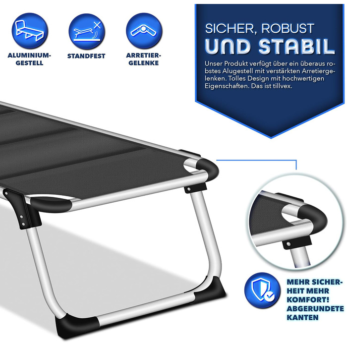 Сонячне ліжко Tillvex® з дахом та подушкою для голови | Садова розкладна ліжко-шезлонг | Пляжне ліжко з регульованою спинкою | Алюмінієва ліжко (з преміум-подушкою), Чорний