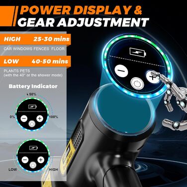 Акумуляторний високонапірний мийник Gisam, 65 Bar, 943 PSI, 2 x 4000mA, з піноплавником, 6-в-1 насадка, поворотна на 180° для авто (Gisam-01)
