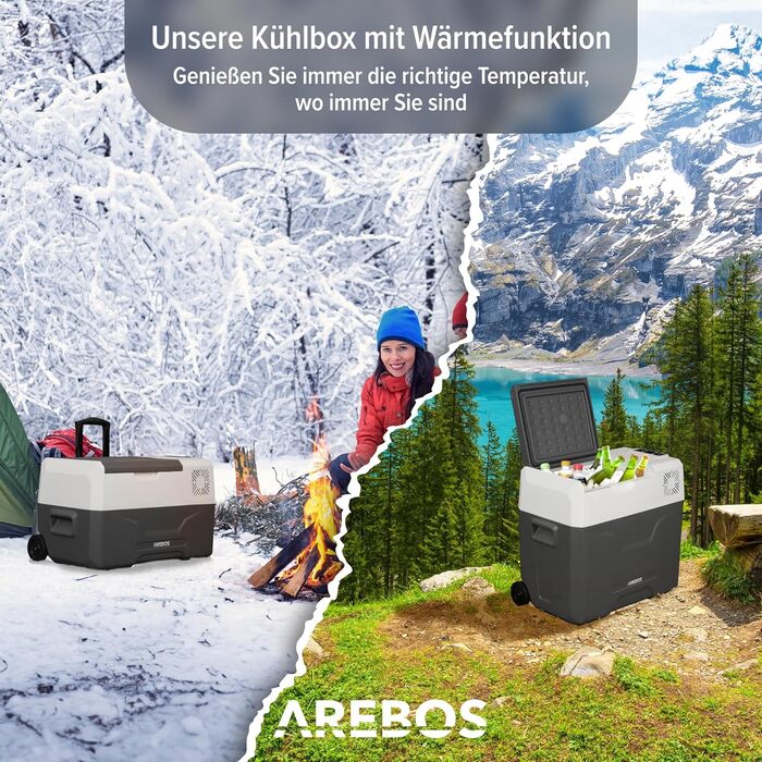 Автомобільний компресор-холодильник Arebos 47л з колесами: Електрична сумка-морозильник з APP, USB, 12/24/230V для авто, кемпінгу, човна