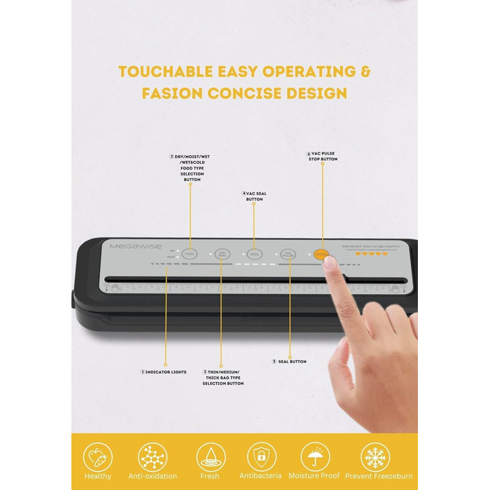 Вакууматор MegaWise — потужний компактний автоматичний вакуумний пакувальник для продуктів харчування, сірий