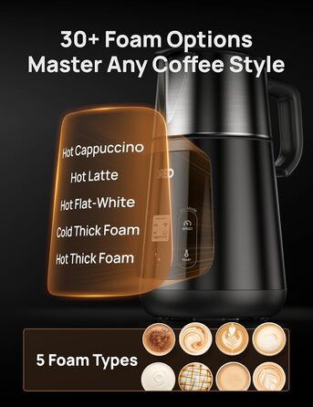 Dreo автоматичний спінювач молока All-in-1: для лате-арту, гарячих/холодних напоїв, 800 мл, електричний, миється в посудомийній машині (сріблястий, чорний)