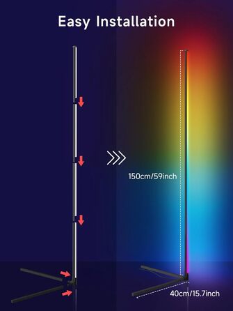 LED торшер у вітальню RGB кутовий, димується з пультом та додатком, синхронізація з музикою, DIY-режим, таймер - чорний