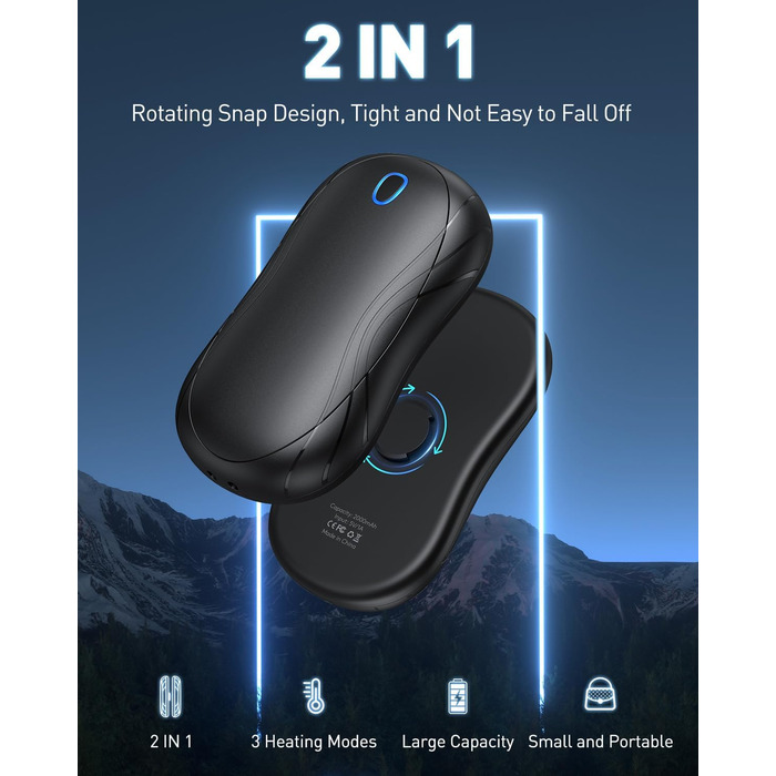 Електричні грілки для рук Cnkeeo 2 шт. з роздільним магнітним з'єднанням, Powerbank USB, 3 режими нагріву, для активного відпочинку, риболовлі, полювання, чорно-білі (чорний)