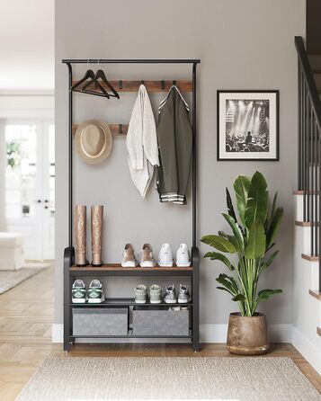 Стійка для одягу VASAGLE з полицею для взуття, 4-в-1, 9 гачків, 33.7 x 72 x 183 см, індустріальний дизайн, горіхово-коричневий/чорний