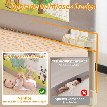 Бортики для ліжка дитячі 3 шт. (2x200 см + 1x180 см) складні, захист від випадання, малюнок 'Джунглі', для малюків та дітей