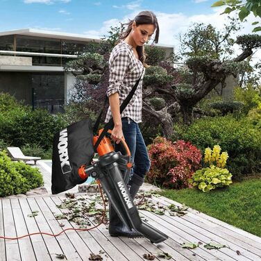 WORX WG505E: Електричний повітродув та пилосос для листя 3000W – 3-в-1 (повітродув, пилосос, мульчер) з мішком 45л – швидкість 335 км/год, об'єм 600 м³/год