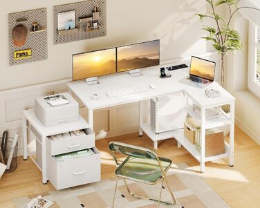 Комп'ютерний стіл Coleshome L-подібний з шухлядами, 140x80 см, з розеткою, білий