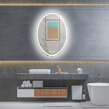 Дзеркало для ванної кімнати Badspiegel Oval з підсвічуванням 50 x 70 см, сенсорне управління, регулювання яскравості, 3 кольори світла, антизапарник, для ванної кімнати, 3000K-6400k