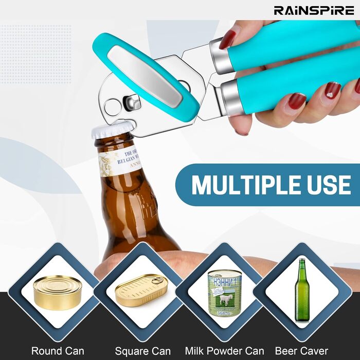 Відкривачка для консерв Rainspire, ручна, міцна, з плавним зрізом, з інтегрованим відкривачем пляшок, рожева (блакитна)