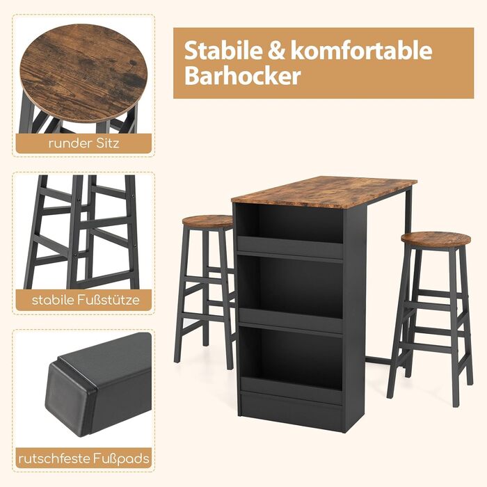 Барний стіл COSTWAY з барними стільцями (набір для 2 осіб), з 3 полицями, кухонний стіл у стилі ретро, колір - коричневий