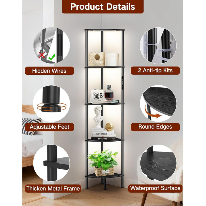 LED торшер з полицею, 3 режими світла, димування (сенсор/пульт), кутова полиця 5 рівнів, вузька книжкова шафа для вітальні, спальні, офісу, чорний