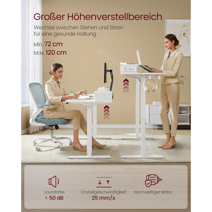 Електричний регульований стіл VASAGLE 120x60 см, білий, з підставкою для монітора, USB-роз'ємами, пам'яттю висоти