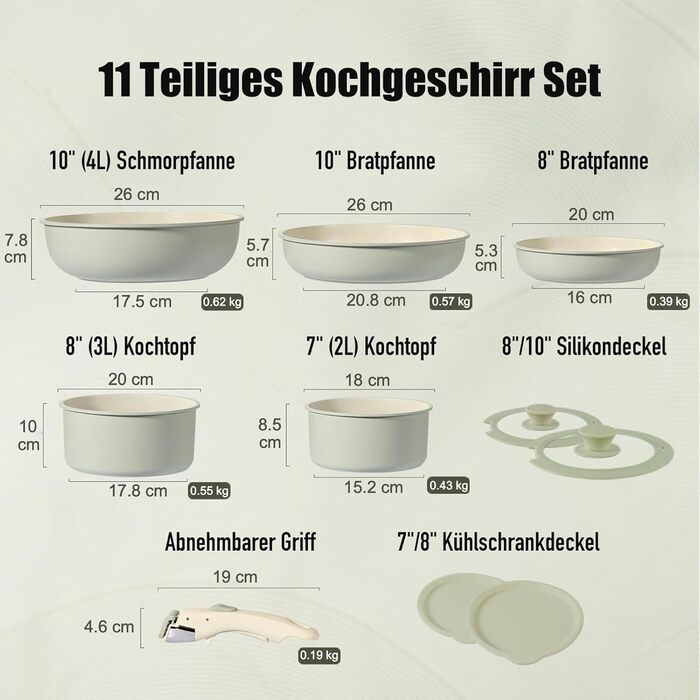 Набір кухонного посуду 11 предметів з антипригарним покриттям та знімними ручками: складаний набір каструль та сковорідок для індукційних, газових плит, духовки та посудомийної машини, без PFAS (зелений)