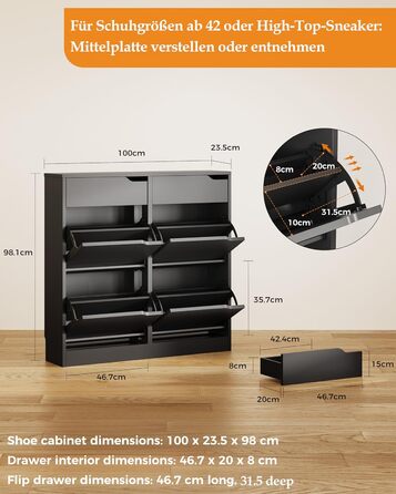 Шкаф для взуття IRONCK з 4 дверцятами, вузький, з 2 висувними ящиками, окремо стоячий, з регульованими перегородками, для передпокою, входу та вітальні (Білий) Білий (100x23.5x98см, Чорний)