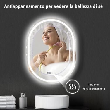 Дзеркало для ванної кімнати YU YUSING з підсвічуванням 80x60 см LED, 3 кольори світла, регулювання яскравості, антизапітніння, сенсорний вимикач, таймер, загартоване скло, IP44, овальне