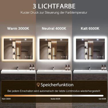 LED дзеркало для ванної кімнати 80x60 см з підсвічуванням, 3 кольори світла, регулювання яскравості, антизапарник, сенсорне керування, пам'ять, IP44, вологостійке