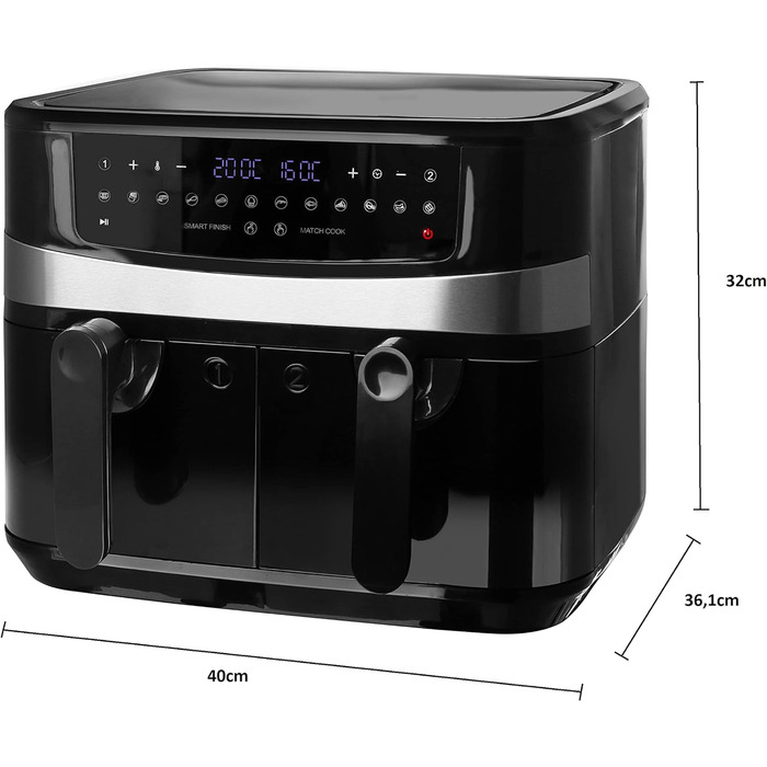 Цифрова подвійна фритюрниця Emerio Аерофритюрниця Смаження у фритюрі гарячим повітрям без додаткової олії 2 шт. 4,5 л об'єм 12 програм без бісфенолу А, функція (обидві завершені одночасно) Чорний, AF-126672 2x4.5 літра
