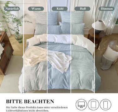 Набір постільної білизни SOULFUL 200x200, бавовна, смугастий дизайн, джакард, екологічна бавовна, бохо стиль, преміум якість, сертифікат Öko-Tex 100, колір деним (темно-зелений & білий), 4-елементний комплект (2x 135*200 см | 2x 80*80 см)