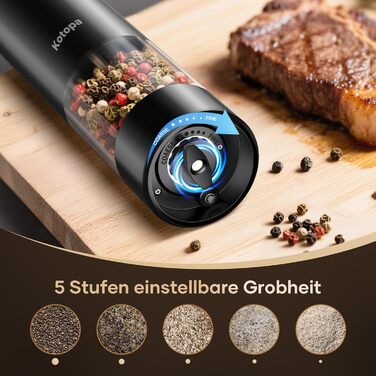Електричні солі та перечні млини 2 шт. (чорні) з регулюванням помелу, LED-підсвічуванням та великим резервуаром 100 мл