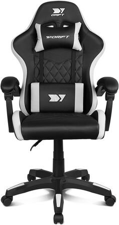 Ігровий крісло DRIFT GAMING DR35 – професійне, зі штучною шкірою, підлокітники з м'якою підкладкою, газліфт 3 класу, посилена база з нейлону, регульований нахил, регульована висота, подушки для попереку та шиї, чорно-сірий колір (Dr35 White)