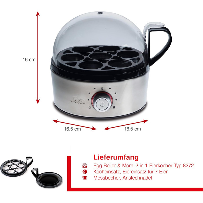 Яйцеварка Solis 8272 з функцією пароварки – нержавіюча сталь, до 7 яєць, регулювання ступеня готовності, LED-дисплей, звуковий сигнал, безпечна та легка у чищенні