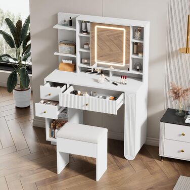 Туалетний столик Merax з дзеркалом та LED-підсвічуванням, з поличкою, 6 шухляд та золотими ручками, білий, 102x100x41.5 см (без табуретки)