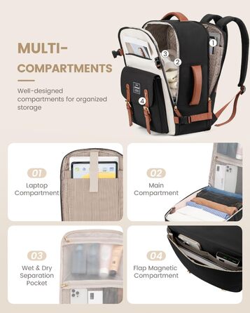 LOVEVOOK Рюкзак для ручної поклажі, жіночий рюкзак для подорожей, водонепроникний рюкзак для ноутбука 17 дюймів, шкільний рюкзак для жінок/студенток, чорний, коричневий (45x32x15 см)