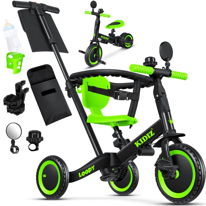 Біговел-триколіс KIDIZ 6-в-1 для дітей від 1 до 5 років (до 25 кг), чорний: з ручкою, захисним бампером, ременем безпеки, дзвінком та дзеркалом