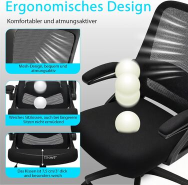 Ергономічне крісло для офісу, комп'ютерне крісло з регульованою 4D поперековою підтримкою, поворотне крісло з відкидними підлокітниками, крісло з функцією нахилу 90°-125°, сітчасте крісло до 130 кг, чорне