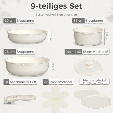 Набір посуду YASHE 9 предметів: каструлі та сковорідки з антипригарним покриттям, білий, для всіх плит, знімний ручка, сумісний з духовкою, компактний, сталевий