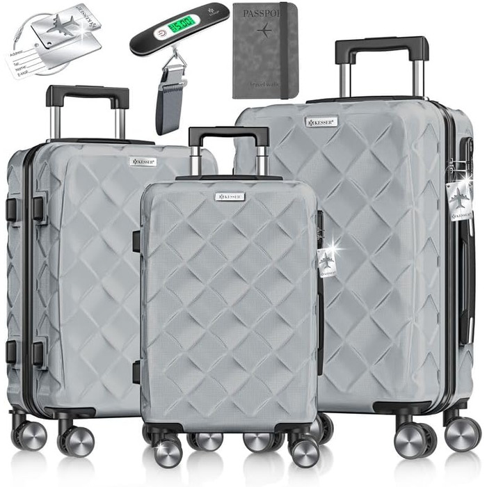 Набір валіз KESSER® 3 шт. | Валізи з ABS, з кодовим замком, ваговою шалькою та органайзером для документів | 360° колеса | Ручна поклажа та великі валізи для подорожей та бізнесу | Сірий колір