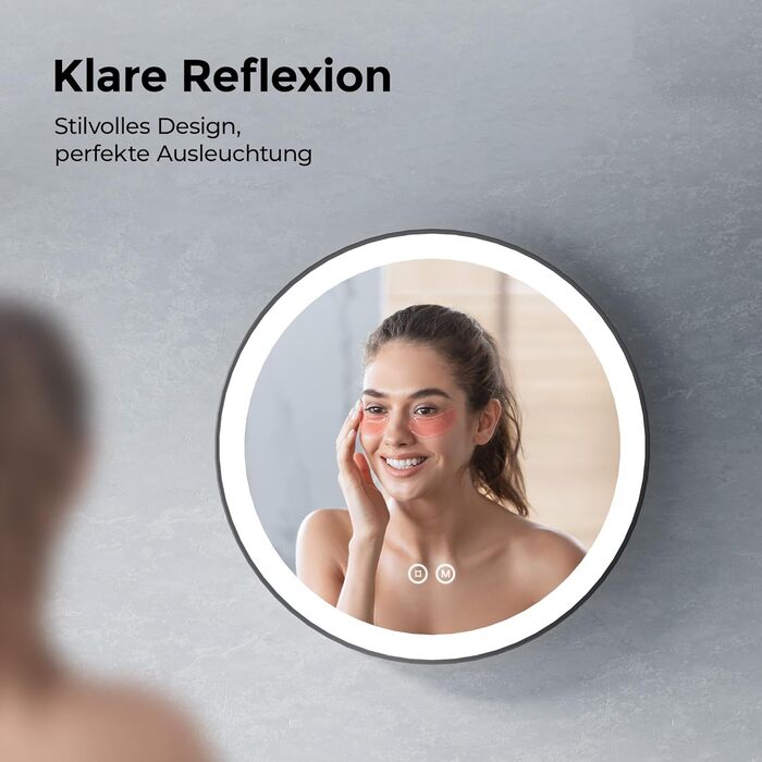 Дзеркало для ванної кімнати з підсвічуванням 60см, кругле LED дзеркало з LED-підсвічуванням, 3 кольори світла, регулювання яскравості, сенсорне управління, чорна рама, знімний монтаж 60x60 см