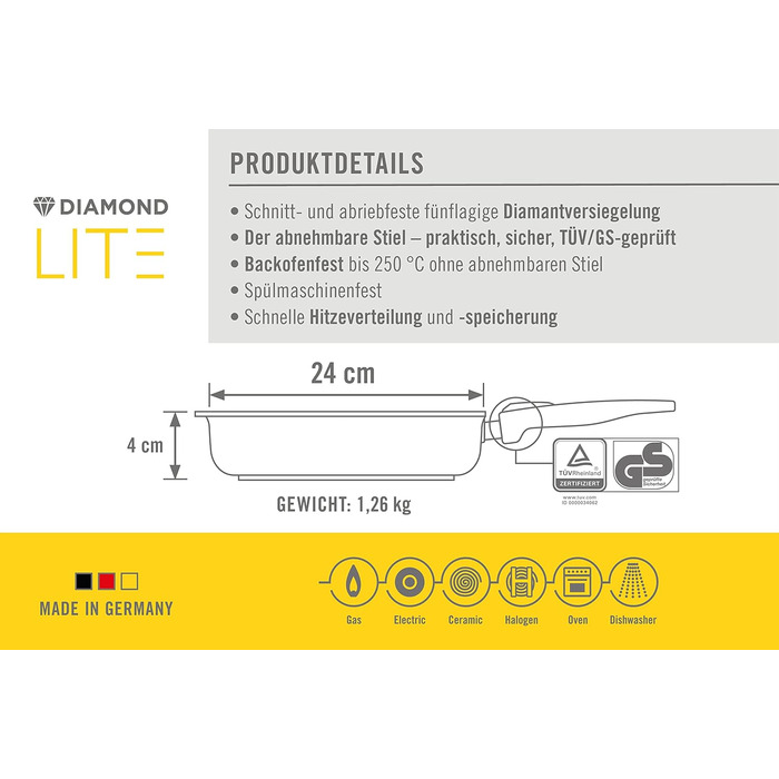 Сковорода-гриль Wolll Diamond Lite, квадратна, з пазами, зі знімною ручкою - Підходить для кераміки, газу, електрики, галогену - не підходить для індукції, антипригарне покриття (24x24 см, висота 4 см)