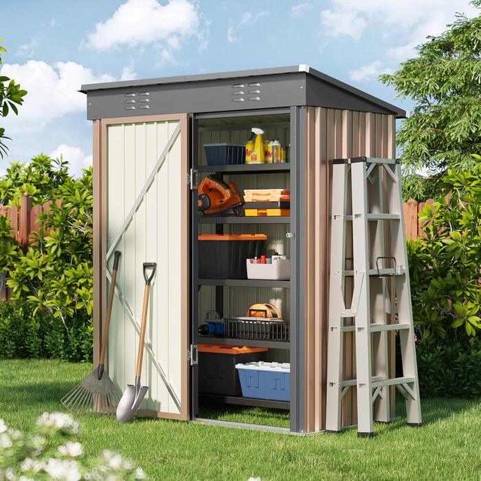 Металевий сарай для інструментів Bealife 180x162x95 см, сталевий садовий шоп, вуличний склад, господарський будиночок для двору, тераси, газону (коричневий)