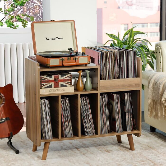 Стіл для програвача, стійка для програвача середини століття з місцем для зберігання до 350+ платівок, шафа для вінілових платівок з регульованими полицями, горіх