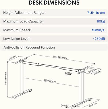 Електричний регульований стіл FlexiSpot з пам'яттю висоти та LED-дисплеєм, чорний (EN1)